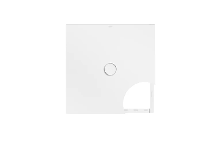 Plateau de douche, vue du dessus, évacuation au centre, sans pente arrière, couleur F, blanc pur, surface lisse.